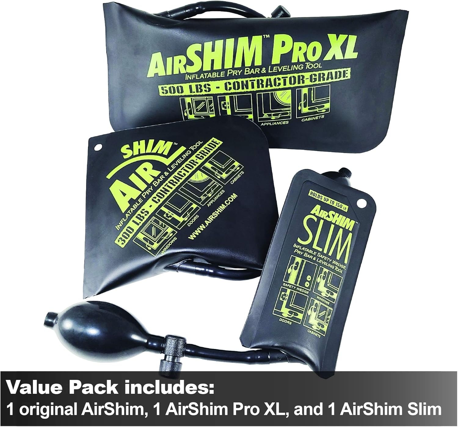 image:imageCalculated Industries 1134 AirShim Inflatable Pry Bars and Leveling Tools 3pc Value Pack Original AirShim AirShim Pro XL and AirShim Slim ContractorGrade Alignment Pump Wedges Set of 3