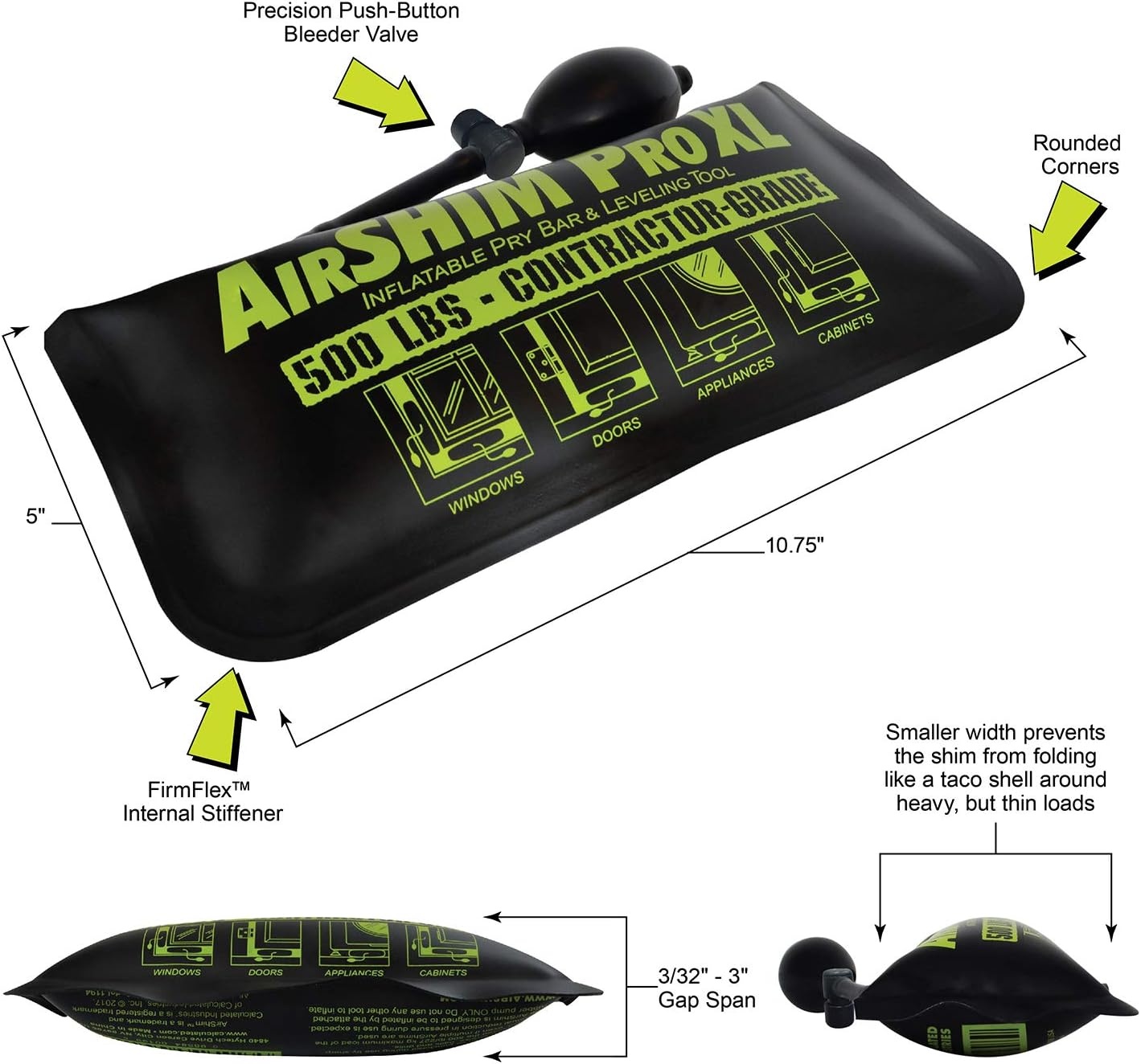 image:imageCalculated Industries 1194 AirShim XL Inflatable Pry Bar and Leveling Tool 500 LB Load Holding Rating ContractorGrade Alignment Pump Wedge1 Piece XL