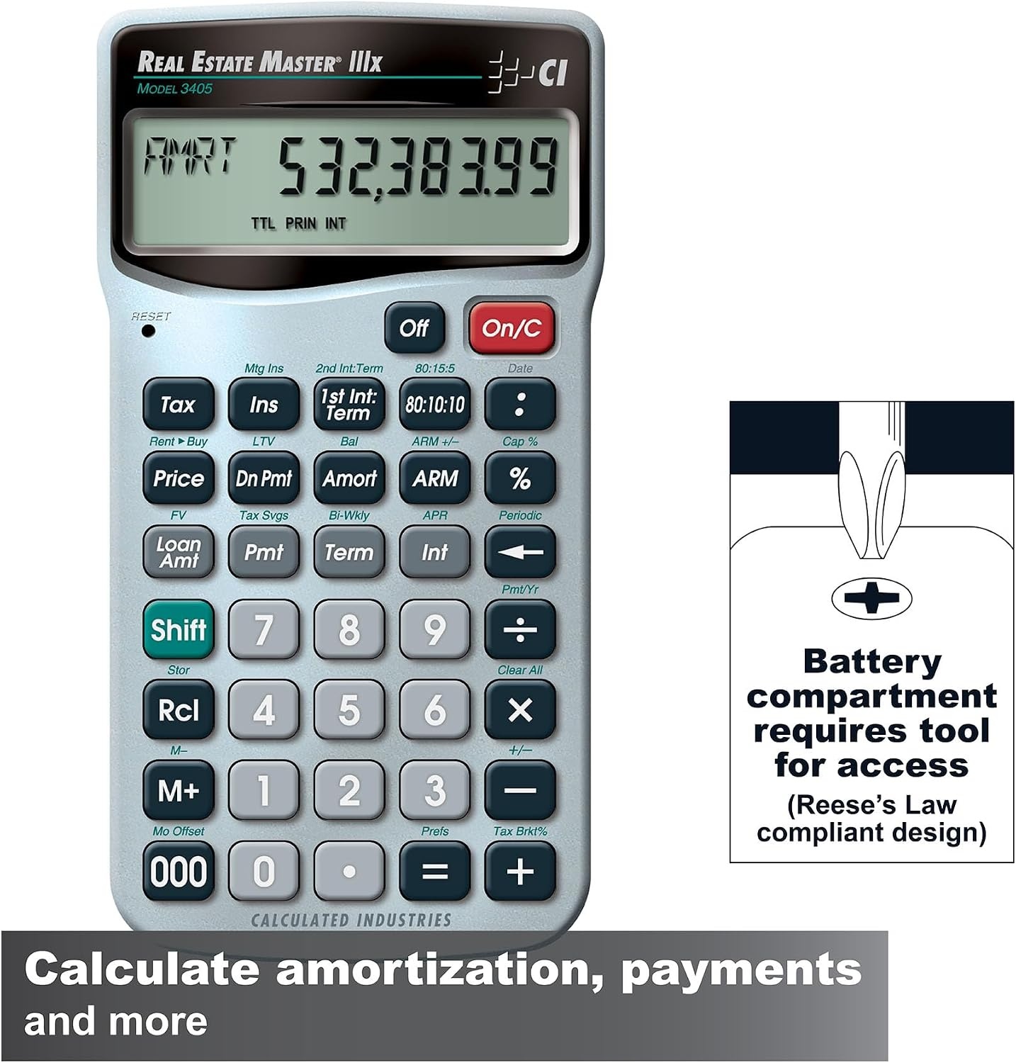 image:imageCalculated Industries 3405 Real Estate Master IIIx Residential Real Estate Finance Calculator ClearlyLabeled Function Keys Simplest Operation Solves Payments Amortizations ARMs Combos More Residential RE Finance Clearly Labeled Function Keys Simplest Operation Solves Payments Amortizations ARMs amp Combos