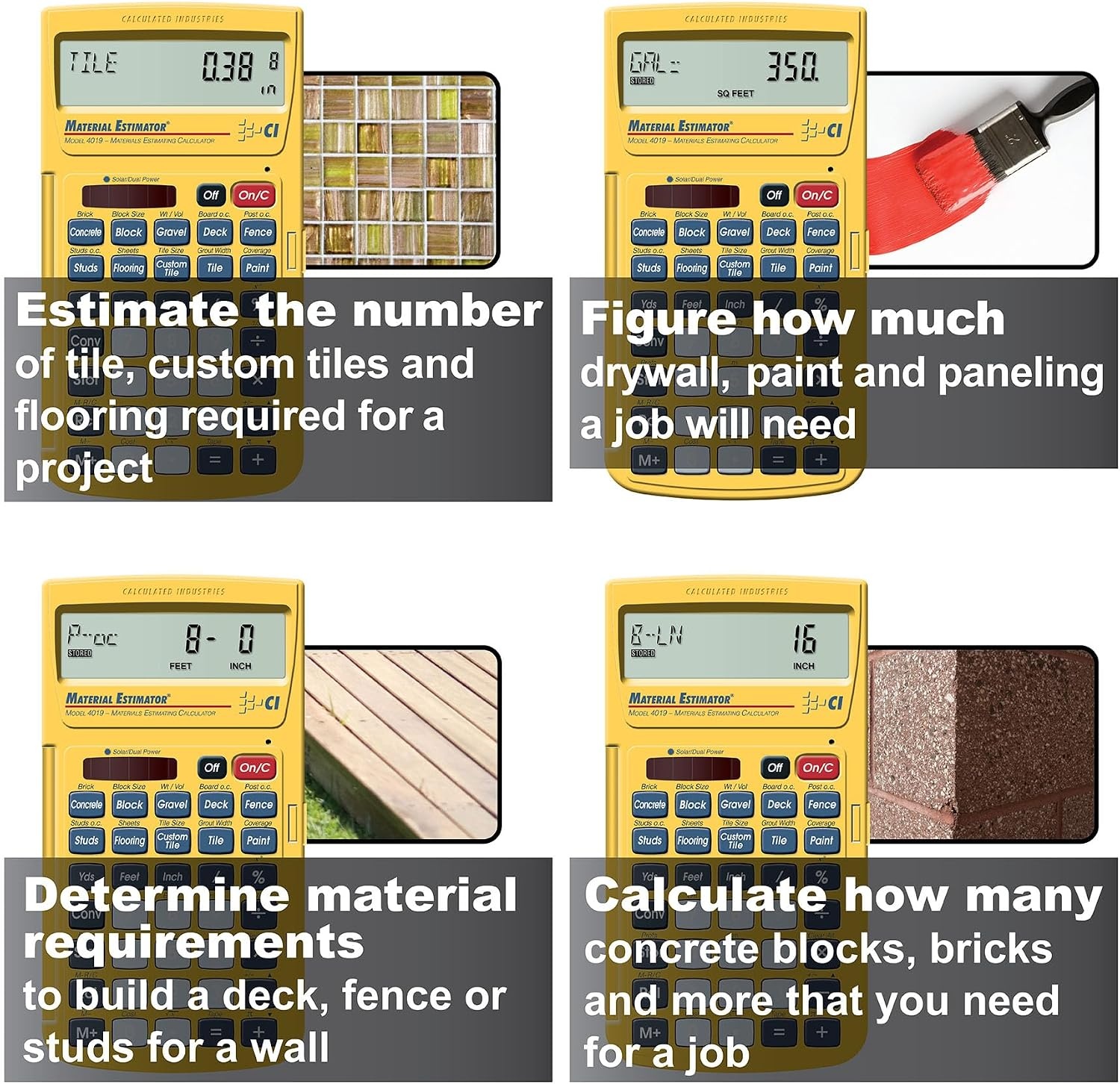 image:imageCalculated Industries 4019 Material Estimator Calculator Finds Project Building Material Costs for DIYs Contractors Tradesmen Handymen and Construction Estimating ProfessionalsYellow Building Materials Quantities and Costs for DIYs Contractors Tradesmen Handymen and Construction Estimating Professionals