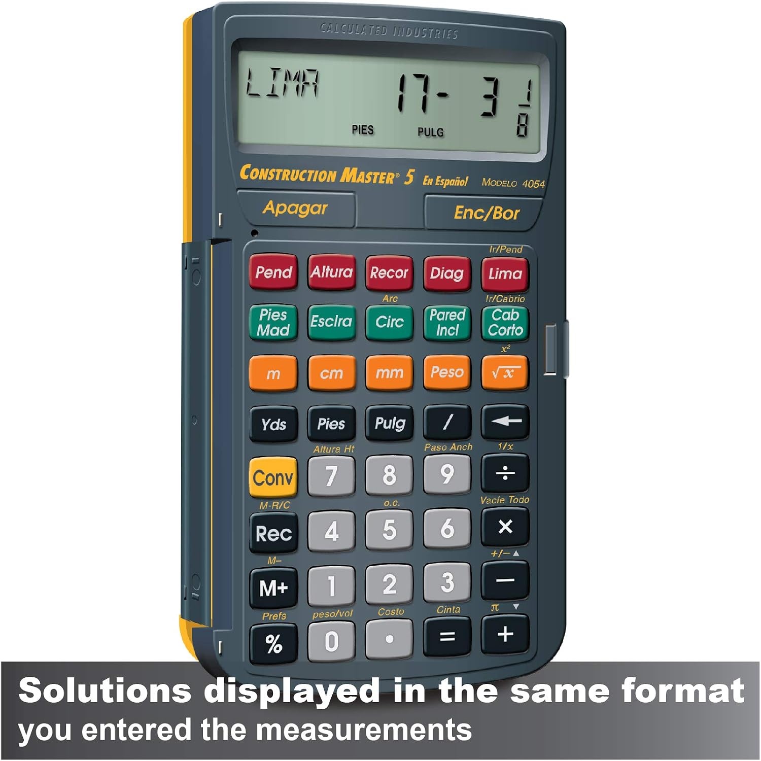 image:imageCalculated Industries 4065 Construction Master Pro Advanced Construction Math FeetinchFraction Calculator for Contractors Estimators Builders Framers Remodelers Renovators and Carpenters Advanced Construction Math FeetInchFractions For Contractors Estimators BuildersCM5 en Espanol