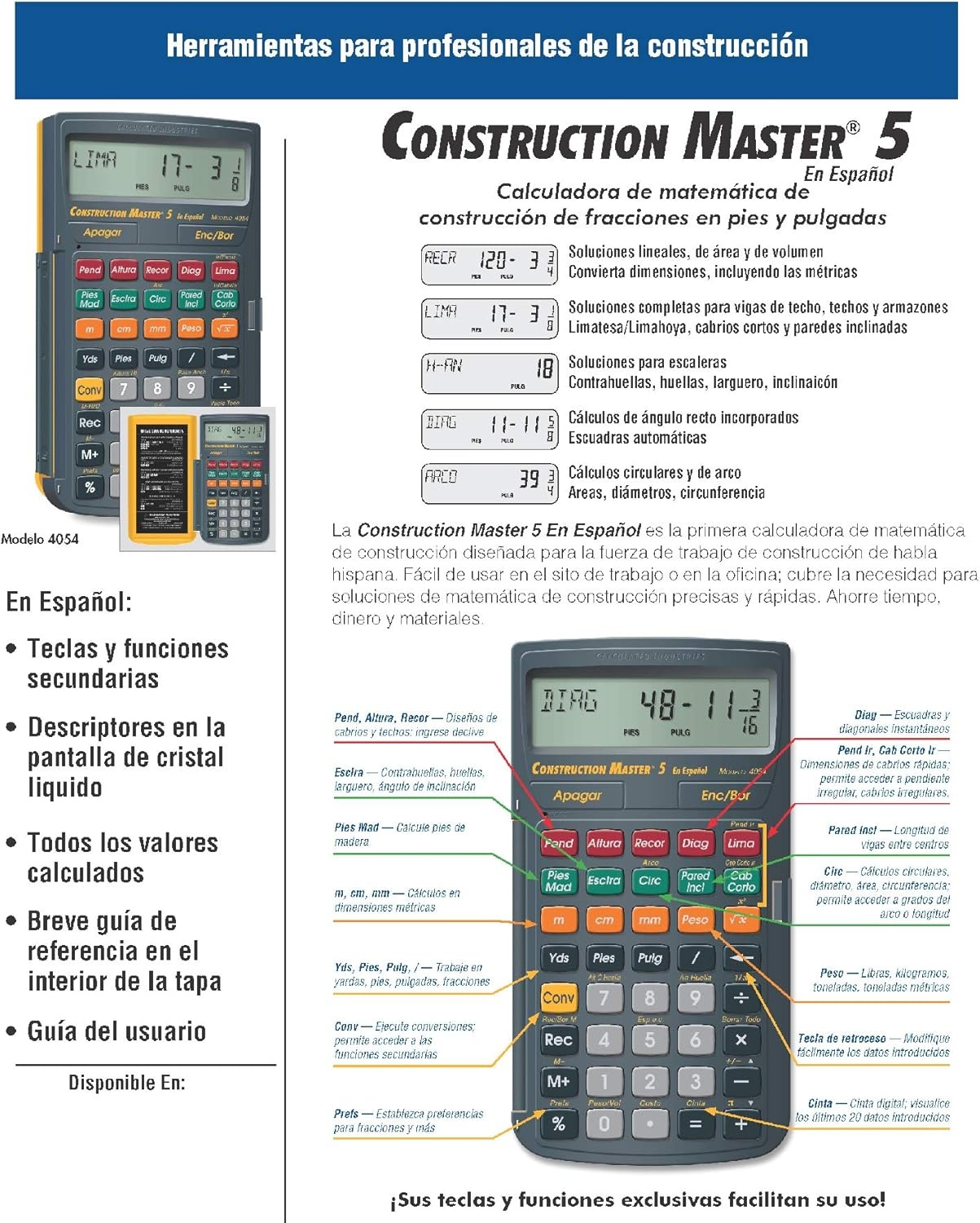 image:imageCalculated Industries 4065 Construction Master Pro Advanced Construction Math FeetinchFraction Calculator for Contractors Estimators Builders Framers Remodelers Renovators and Carpenters Advanced Construction Math FeetInchFractions For Contractors Estimators BuildersCM5 en Espanol