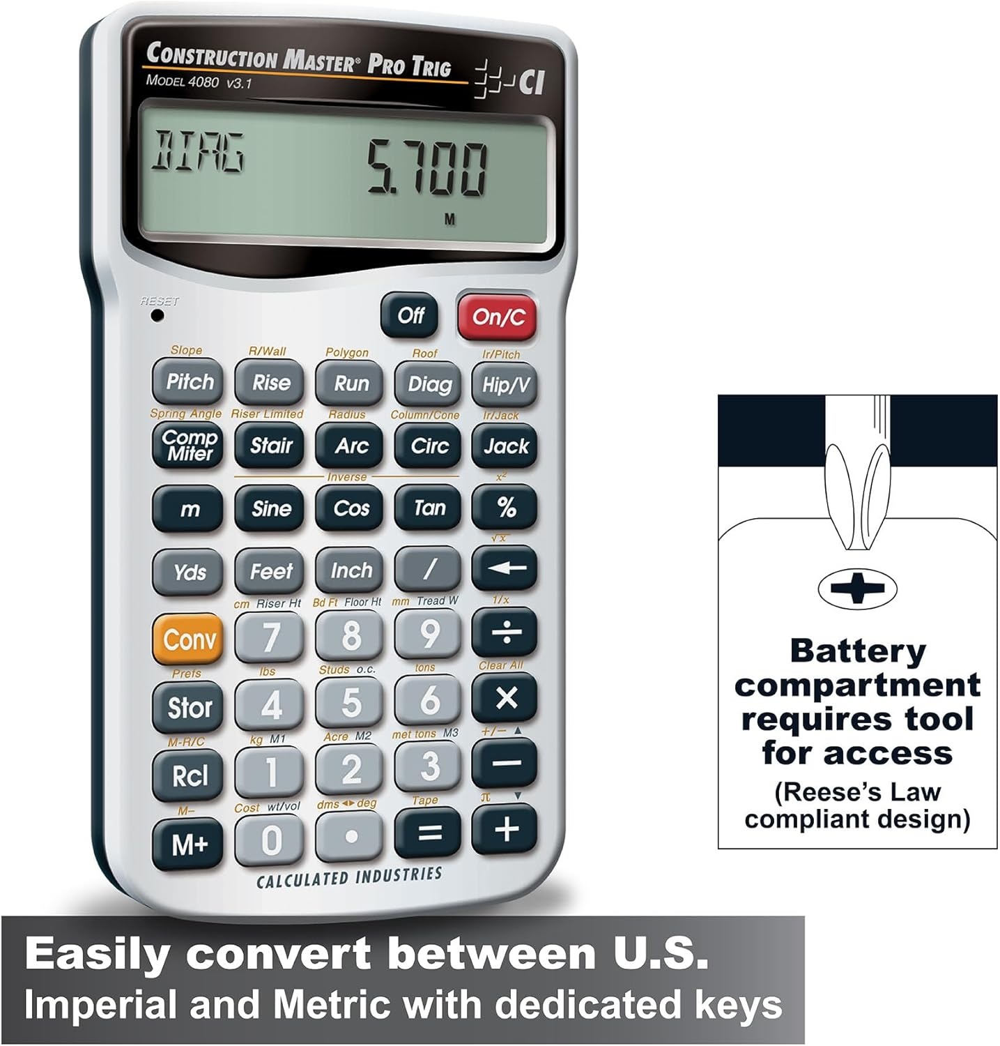 image:imageCalculated Industries 4080 Construction Master Pro Trig Calculator Advanced Construction Math FeetInchFraction Full Trig FunctionCalculator