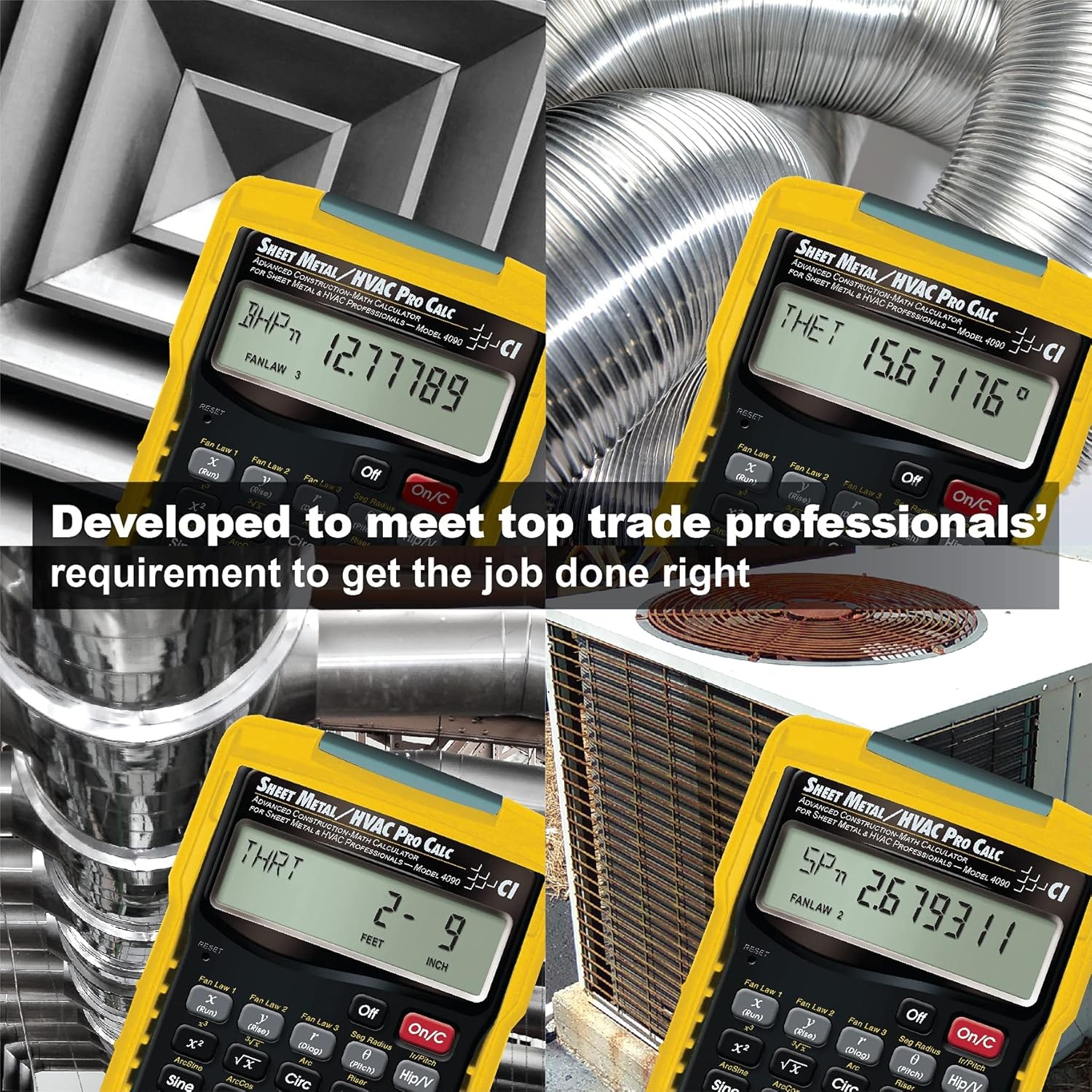 image:imageCalculated Industries 4090 Sheet MetalHVAC Pro Calc Calculator Advanced ConstructionMath for Sheet Metal amp HVAC Pros Fan Law Functions ArcK Builtin Constant Laws of Cosines