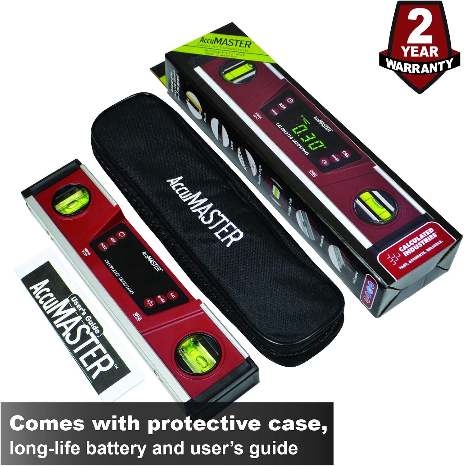 image:imageCalculated Industries 7210 AccuMASTER PRO Digital Torpedo Level and Protractor 10 Inch Neodymium Magnets Bright LED Display IP54 DustWater Resistant Red
