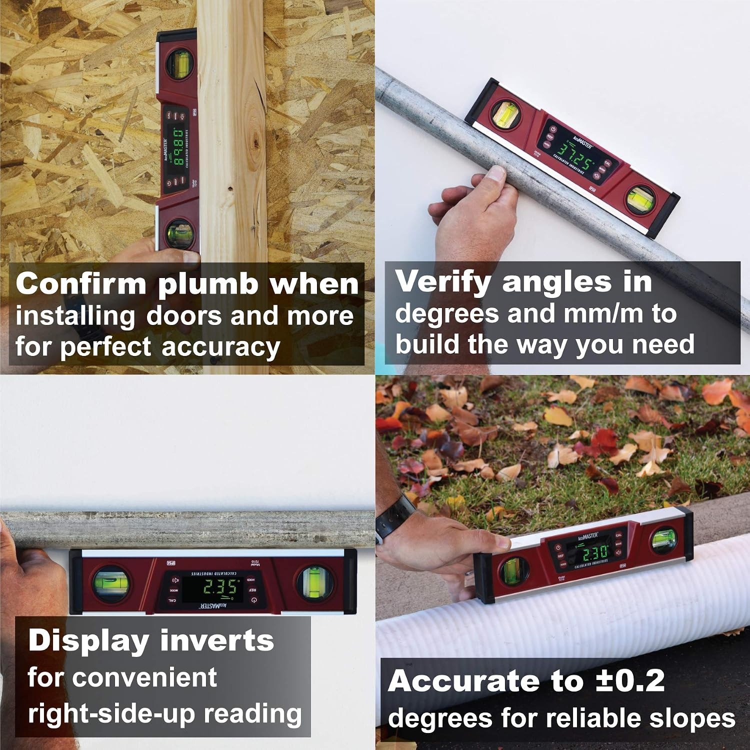 image:imageCalculated Industries 7210 AccuMASTER PRO Digital Torpedo Level and Protractor 10 Inch Neodymium Magnets Bright LED Display IP54 DustWater Resistant Red