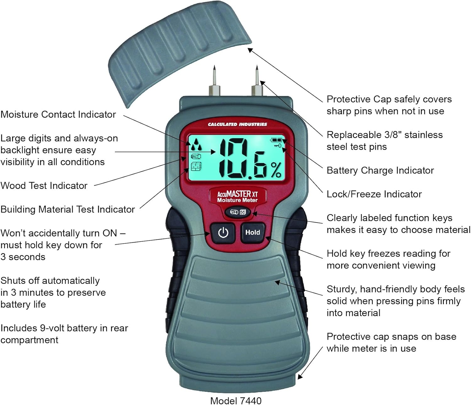 image:imageCalculated Industries 7440 AccuMASTER XT Digital Moisture Meter Handheld Pin Type Backlit LCD Display Detects Leaks Damp and Moisture in Wood Walls Ceilings Carpet and Firewood Handheld Pin Type Backlit LCD Display Detects Leaks Damp and Moisture For Wood Walls Ceilings Carpet FirewoodPinType Backlit LCD