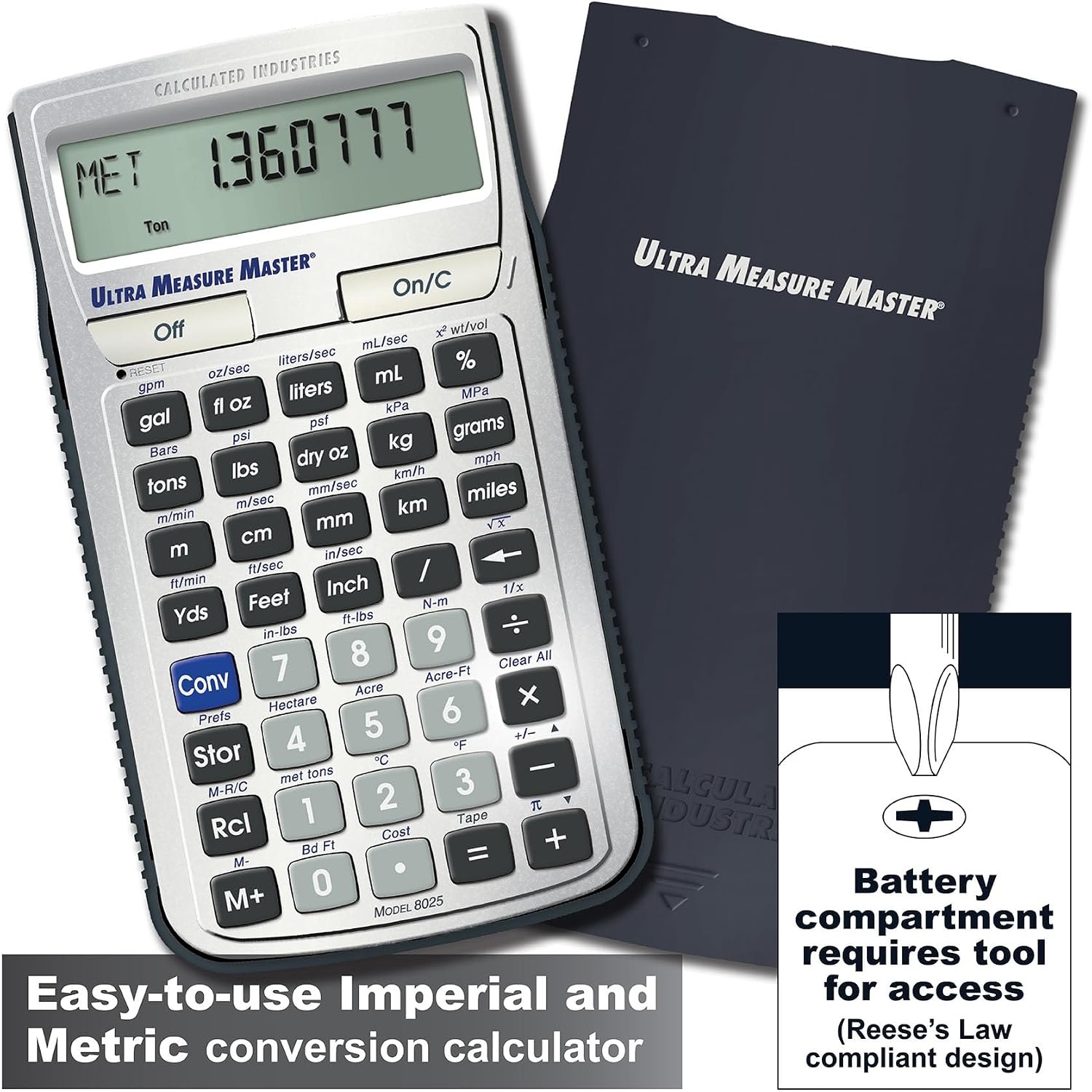 image:imageCalculated Industries 8025 Ultra Measure Master Professional Grade US Standard to Metric Conversion Calculator Tool for Engineers Architects Builders Scientists and Students 60 Units Builtin Silver