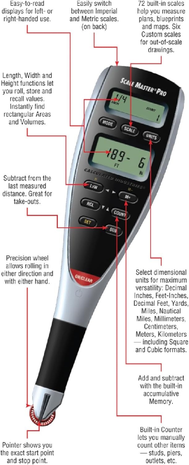 image:imageCalculated Industries Scale Master Pro 73Inch Digital Plan Measure 6025 72 Builtin US Imperial and Metric Scales 6 Custom Scales for OutofScale PlansWithout Kit